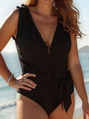Jess Lea Ruffled V Neck Black One Piece Tie Waist Swimsuit NWT Large